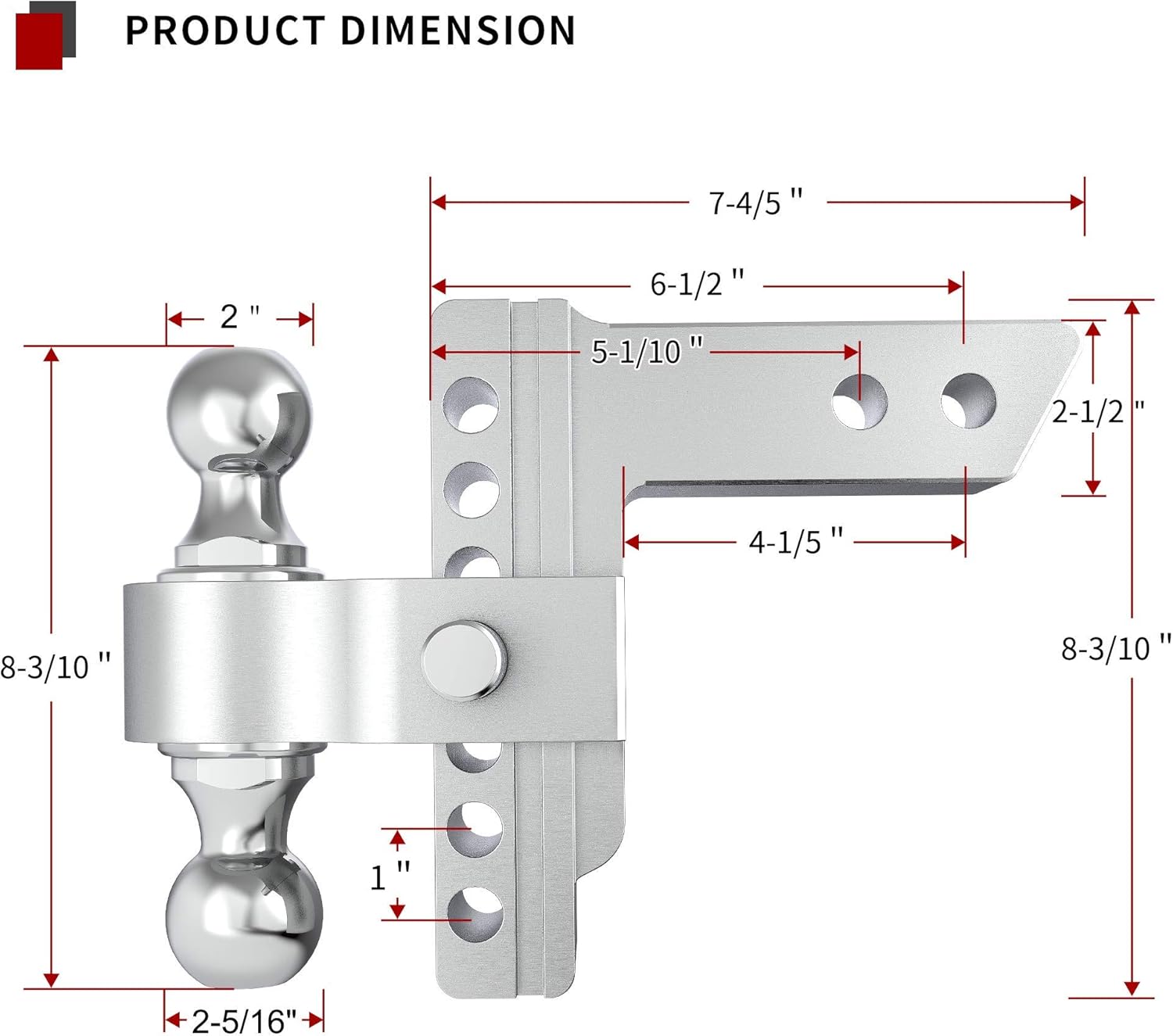 Adjustable aluminum tow hitch with towing ball