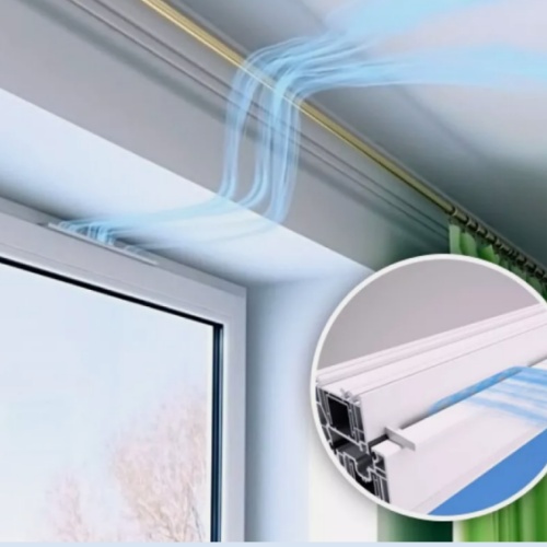 uPVC window air vent dimensional drawing showing overall length, slot width, end cap design, and slider position