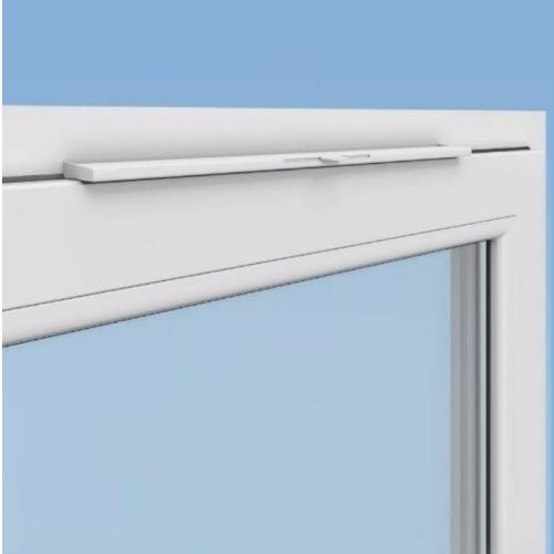 Cross-section drawing of a trickle vent installed in a window frame head, showing the routed slot, vent body, slider position, insect mesh and airflow pathway Cross-section drawing of a trickle vent installed in a window frame head, showing the routed slot, vent body, slider position, insect mesh and airflow pathway