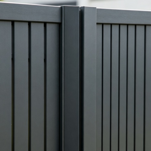 Aluminum privacy screen fence panel with horizontal slat design, showing panel dimensions, spacing, and mounting bracket detail Aluminum privacy screen fence panel with horizontal slat design, showing panel dimensions, spacing, and mounting bracket detail