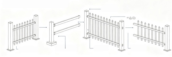 Custom height aluminum fence panels with matching black post kit installed around a commercial property perimeter