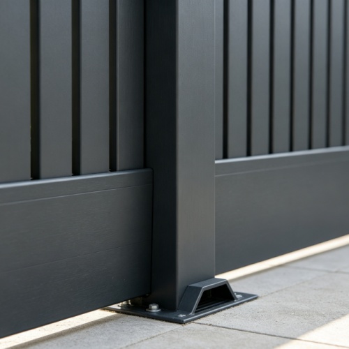 Anodized aluminum fence panel cross-section showing anodized layer thickness and metallic surface finish detail Anodized aluminum fence panel cross-section showing anodized layer thickness and metallic surface finish detail