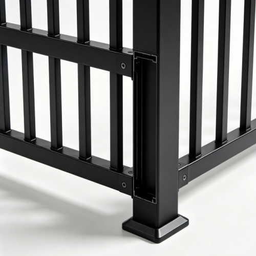 DIY aluminum fence panel kit components laid out showing panel, post, brackets, and screws