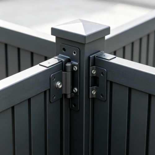 Aluminum boundary fence panel installed along property line with post and rail