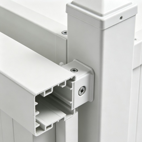 Aluminum patio fence panel with vertical slats and top rail on decking