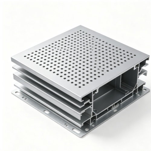 Punched aluminium panel with uniform hole pattern and powder coated finish Punched aluminium panel with uniform hole pattern and powder coated finish