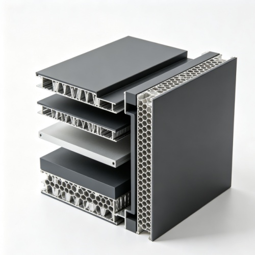 Aluminium honeycomb panel curtain wall cross-section showing core and skins