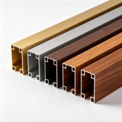 Architectural wood grain aluminum profile system for commercial building facade cladding and curtain wall application with realistic timber finish