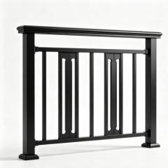 Custom size aluminum fence panel with vertical pickets and horizontal rails, powder coated in matte black, installed in a residential garden