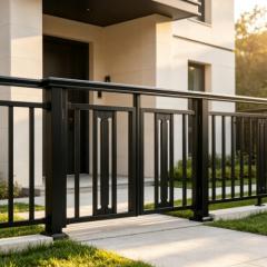 Aluminum louvered fence panel with adjustable horizontal blades, powder coated in anthracite grey, installed in a modern residential garden