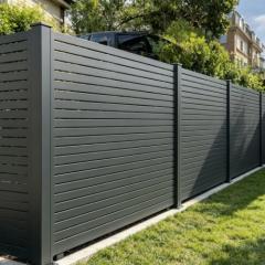 Semi-privacy aluminum fence panel with spaced pickets allowing light and airflow